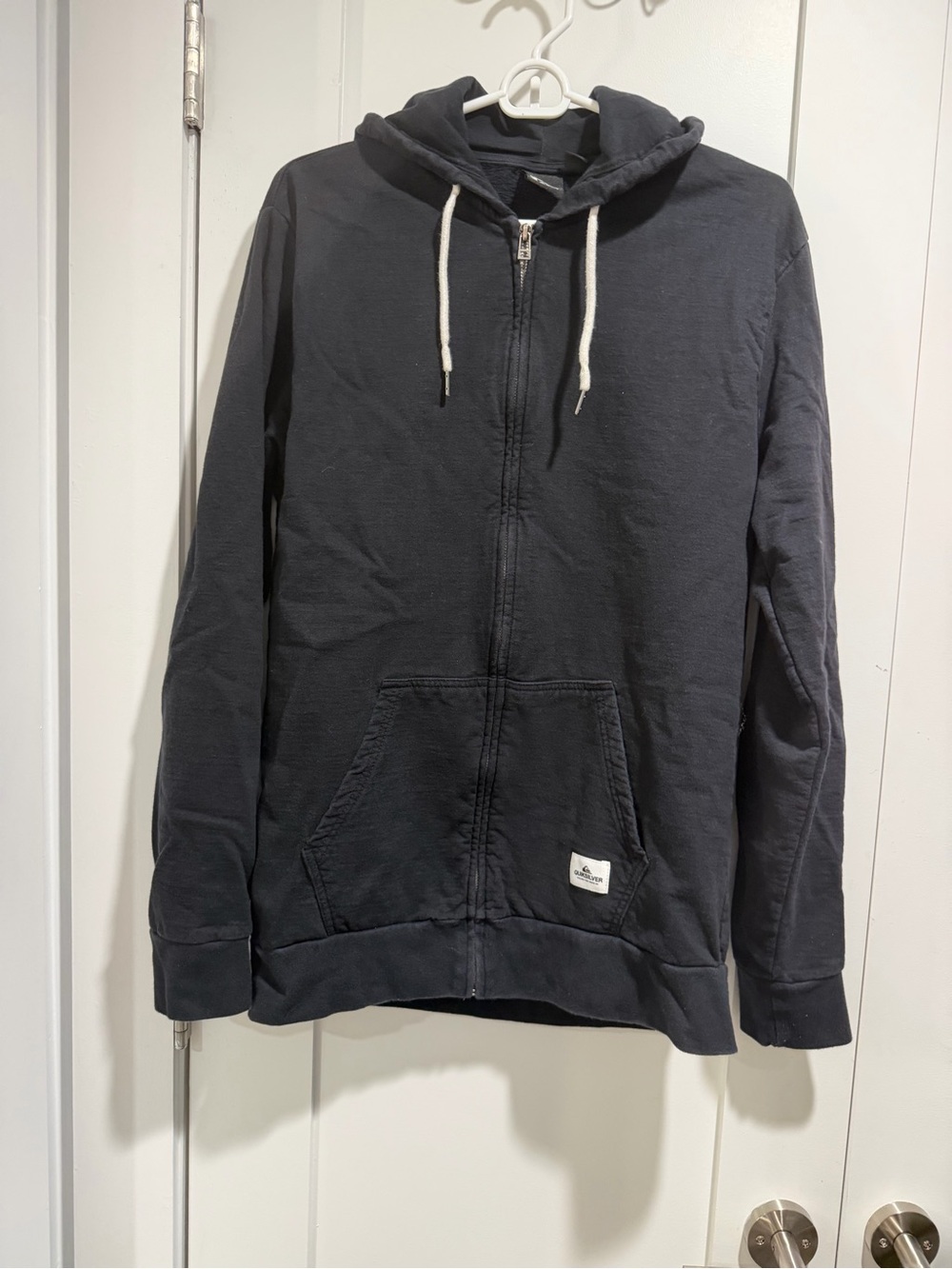 Quiksilver Men's Black Zip-Up Hoodie with White Drawstrings